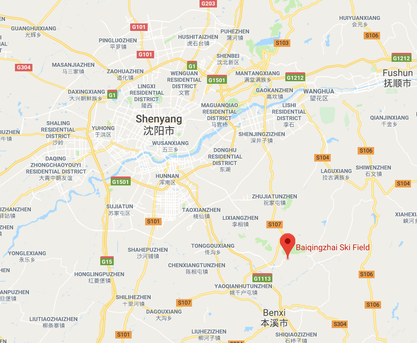 Baiqing village ski resort location in Shenyang China